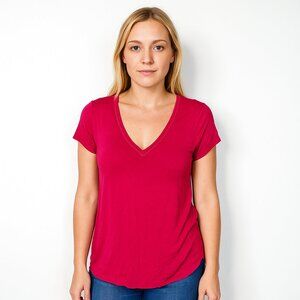 2/$30 White House Black Market Cap Short Sleeve Tee V-Neck Fitted Red #A0126